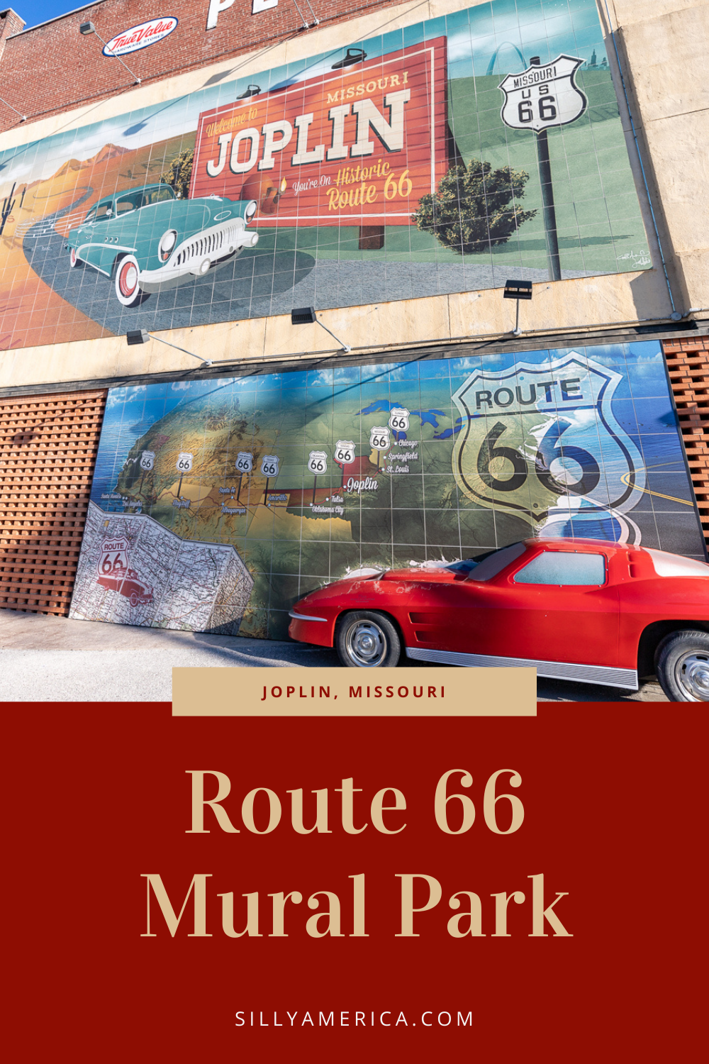 You won't find any swings, slides, or greenery in this roadside park. But you will find an artful tribute to the past. Route 66 Mural Park in Joplin, Missouri celebrates the town's history with the Mother Road with two murals and the perfect selfie photo op. Visit on your Route 66 road trip in Missouri. #RoadTrips #RoadTripStop #Route66 #Route66RoadTrip #MissouriRoute66 #Missouri #MissouriRoadTrip #MissouriRoadsideAttractions #RoadsideAttractions #RoadsideAttraction #RoadsideAmerica #RoadTrip