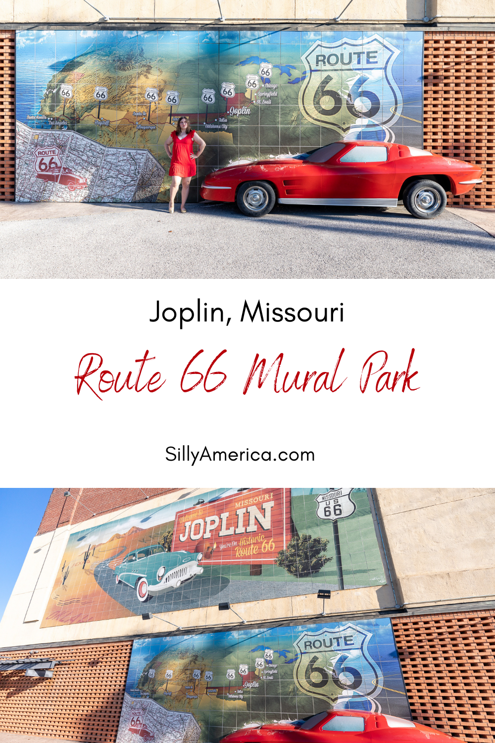 You won't find any swings, slides, or greenery in this roadside park. But you will find an artful tribute to the past. Route 66 Mural Park in Joplin, Missouri celebrates the town's history with the Mother Road with two murals and the perfect selfie photo op. Visit on your Route 66 road trip in Missouri. #RoadTrips #RoadTripStop #Route66 #Route66RoadTrip #MissouriRoute66 #Missouri #MissouriRoadTrip #MissouriRoadsideAttractions #RoadsideAttractions #RoadsideAttraction #RoadsideAmerica #RoadTrip