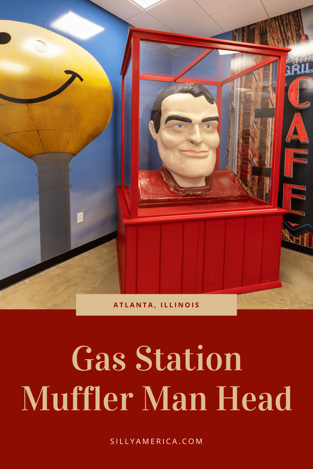 This muffler man is a head above the rest. Or, at least, is a head. Find this gas station muffler man head in Atlanta, Illinois on Route 66. Add it to your travel itinerary and visit the Illinois roadside attraction on your Route 66 road trip.   #RoadTrips #RoadTripStop #Route66 #Route66RoadTrip #IllinoisRoute66 #Illinois #IllinoisRoadTrip #IllinoisRoadsideAttractions #RoadsideAttractions #RoadsideAttraction #RoadsideAmerica #RoadTrip #MufflerMan