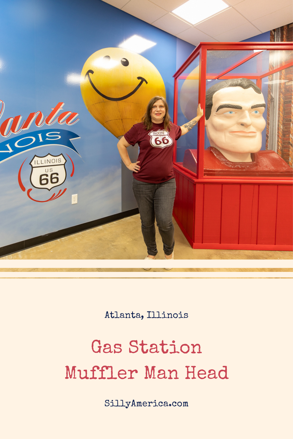This muffler man is a head above the rest. Or, at least, is a head. Find this gas station muffler man head in Atlanta, Illinois on Route 66. Add it to your travel itinerary and visit the Illinois roadside attraction on your Route 66 road trip.   #RoadTrips #RoadTripStop #Route66 #Route66RoadTrip #IllinoisRoute66 #Illinois #IllinoisRoadTrip #IllinoisRoadsideAttractions #RoadsideAttractions #RoadsideAttraction #RoadsideAmerica #RoadTrip #MufflerMan