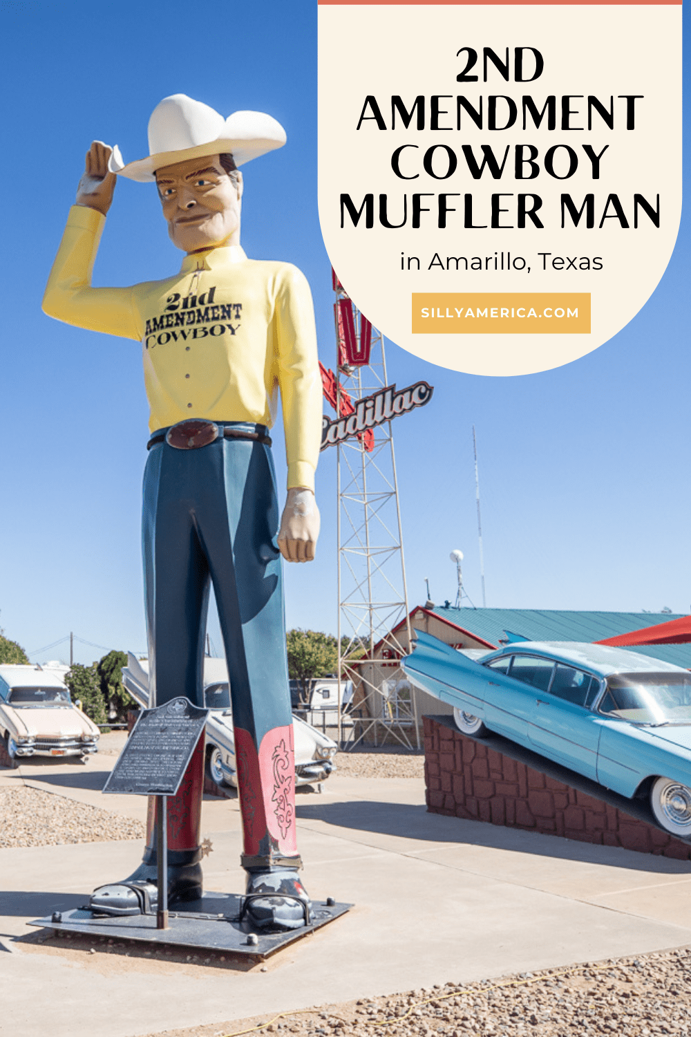 The 2nd Amendment Cowboy muffler man is a roadside attraction in Amarillo, Texas. It's hard to miss this giant man with a controversial message, located just down the road from the famed Cadillac Ranch on Route 66.  #RoadTrips #RoadTripStop #Route66 #Route66RoadTrip #TexasRoute66 #Texas #TexasRoadTrip #TexasRoadsideAttractions #RoadsideAttractions #RoadsideAttraction #RoadsideAmerica #RoadTrip #MufflerMan