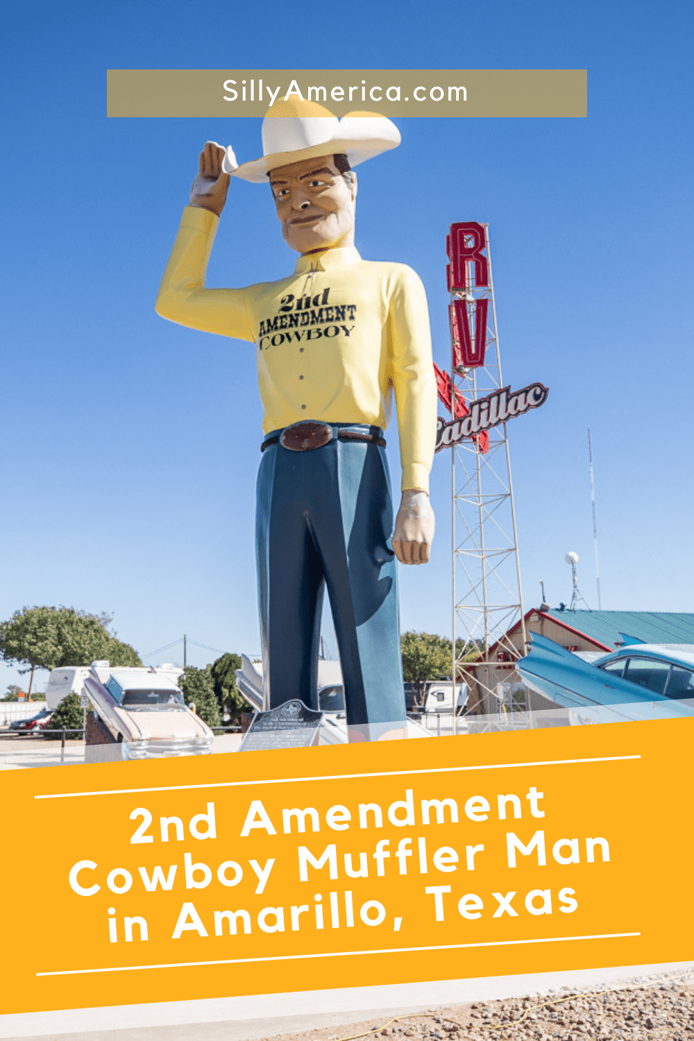 The 2nd Amendment Cowboy muffler man is a roadside attraction in Amarillo, Texas. It's hard to miss this giant man with a controversial message, located just down the road from the famed Cadillac Ranch on Route 66.  #RoadTrips #RoadTripStop #Route66 #Route66RoadTrip #TexasRoute66 #Texas #TexasRoadTrip #TexasRoadsideAttractions #RoadsideAttractions #RoadsideAttraction #RoadsideAmerica #RoadTrip #MufflerMan