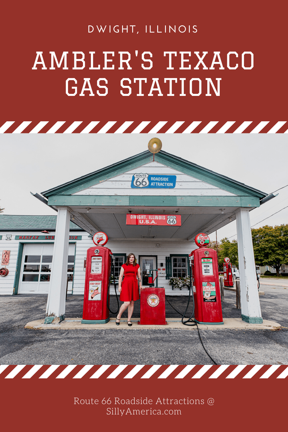 Don't amble to this Illinois Route 66 roadside attraction: Ambler's Texaco Gas Station in Dwight, Illinois. Visit this vintage Route 66 attraction on an Illinois road trip - add it to your Route 66 itinerary!  #RoadTrips #RoadTripStop #Route66 #Route66RoadTrip #IllinoisRoute66 #Illinois #IllinoisRoadTrip #IllinoisRoadsideAttractions #RoadsideAttractions #RoadsideAttraction #RoadsideAmerica #RoadTrip