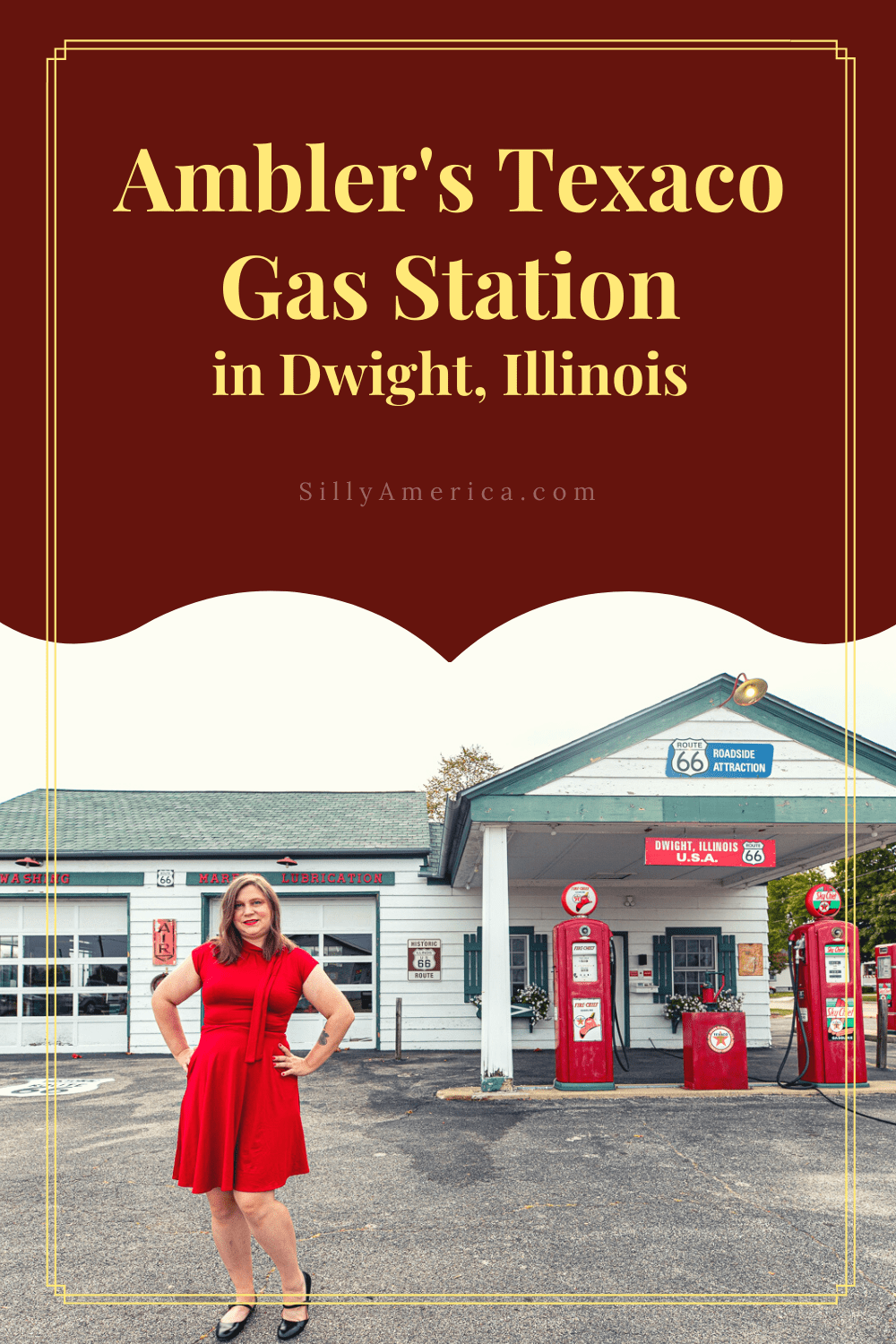 Don't amble to this Illinois Route 66 roadside attraction: Ambler's Texaco Gas Station in Dwight, Illinois. Visit this vintage Route 66 attraction on an Illinois road trip - add it to your Route 66 itinerary!  #RoadTrips #RoadTripStop #Route66 #Route66RoadTrip #IllinoisRoute66 #Illinois #IllinoisRoadTrip #IllinoisRoadsideAttractions #RoadsideAttractions #RoadsideAttraction #RoadsideAmerica #RoadTrip