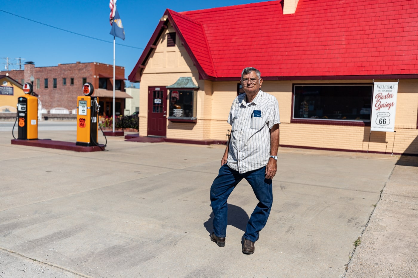 Crazy Legs Dean Walker at Baxter Springs Independent Oil and Gas Service Station in Baxter Springs, Kansas Route 66 Visitor Center