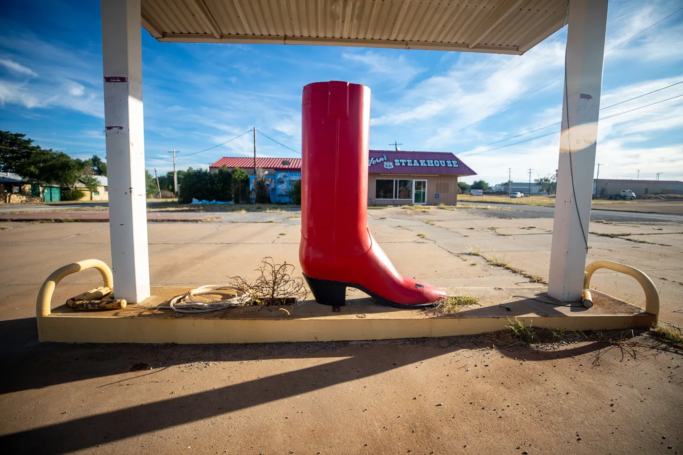 Big Red Cowboy Boot at Big Vern’s Steakhouse in Shamrock, Texas Route 66 roadside attraction