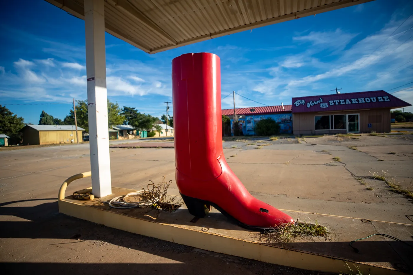 Big Red Cowboy Boot at Big Vern’s Steakhouse in Shamrock, Texas Route 66 roadside attraction