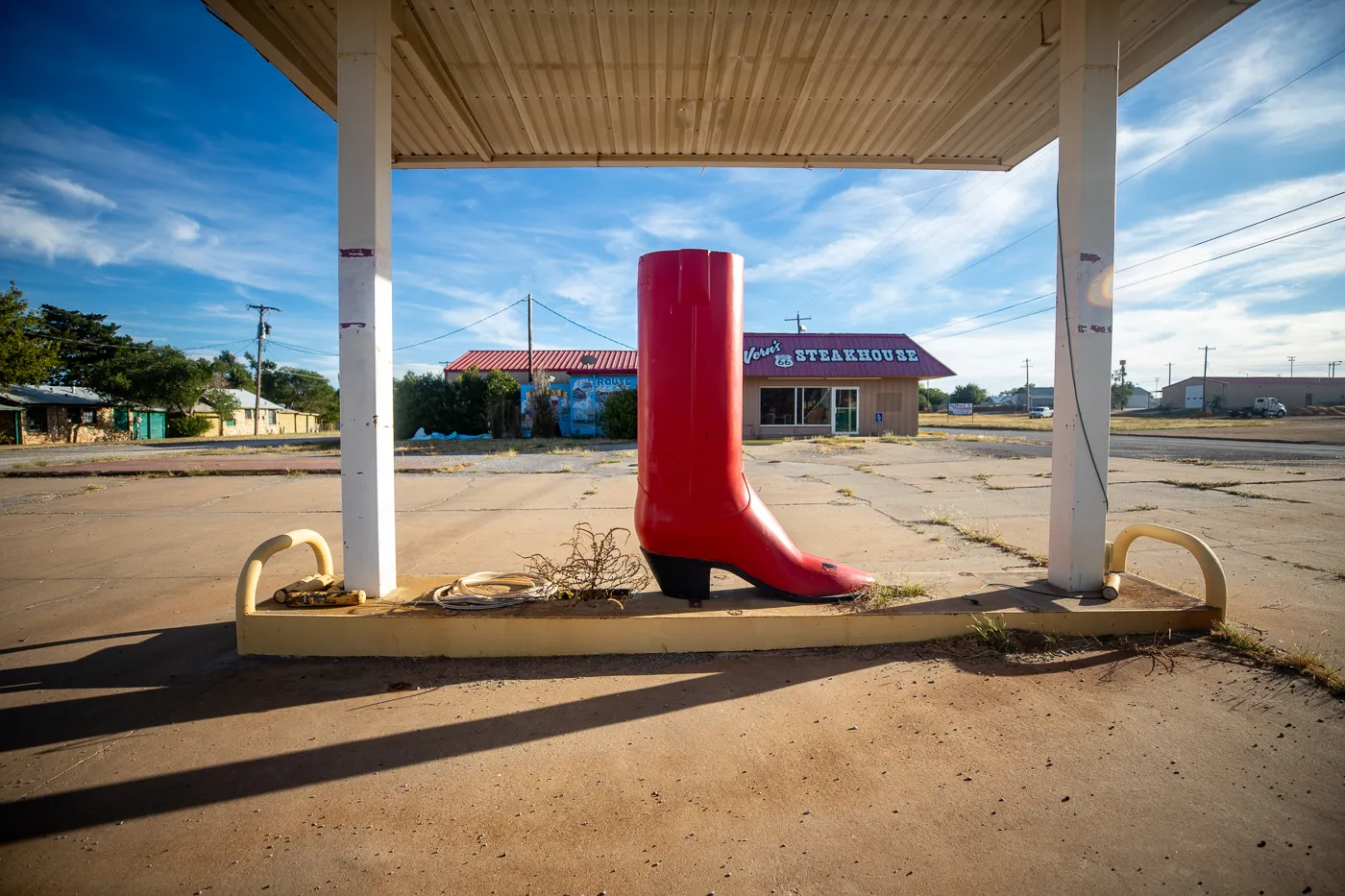 Big Red Cowboy Boot at Big Vern’s Steakhouse in Shamrock, Texas Route 66 roadside attraction