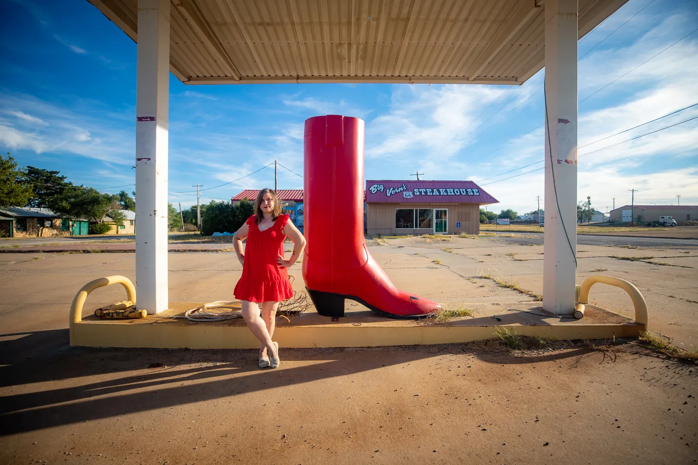 Big Red Cowboy Boot at Big Vern’s Steakhouse in Shamrock, Texas Route 66 roadside attraction