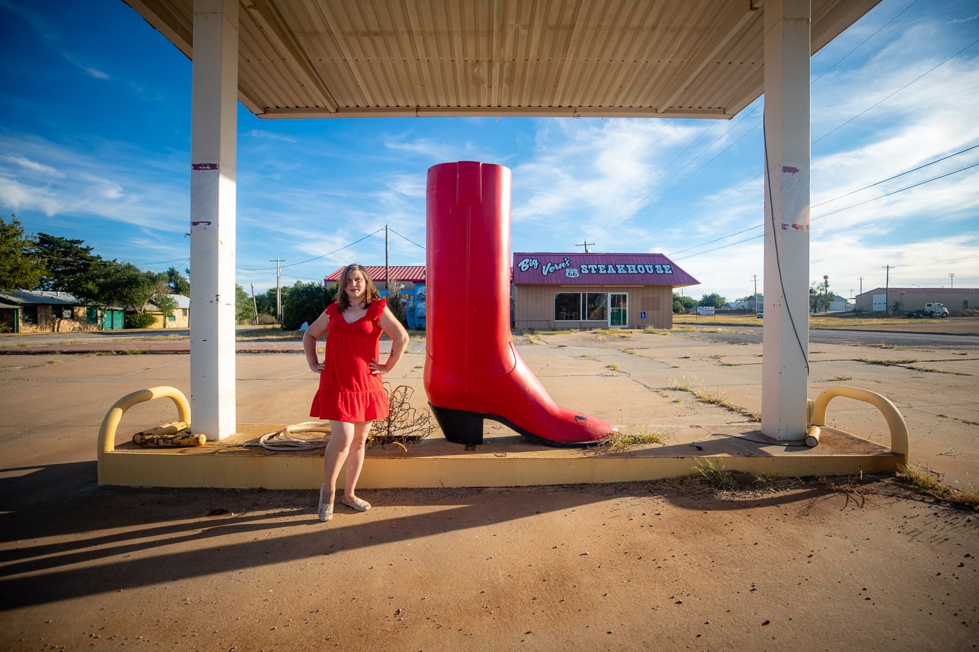 Big Red Cowboy Boot at Big Vern’s Steakhouse in Shamrock, Texas Route 66 roadside attraction