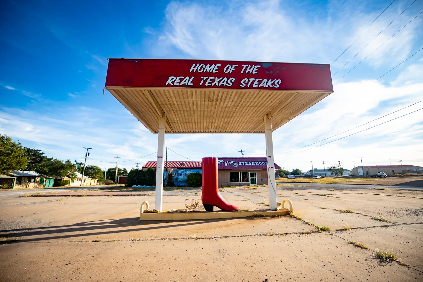 Big Red Cowboy Boot at Big Vern’s Steakhouse in Shamrock, Texas Route 66 roadside attraction