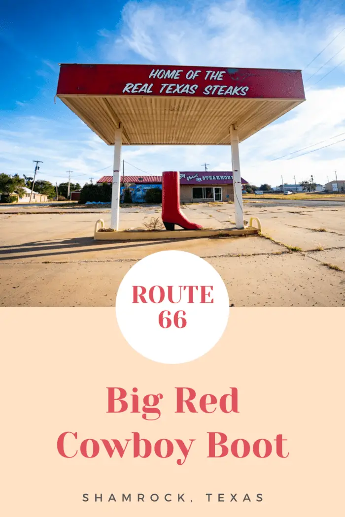 Here's hoping this Texas Route 66 roadside attraction doesn't get the boot anytime soon! Find this Big Red Cowboy Boot at Big Vern’s Steakhouse in Shamrock, Texas. Visit this weird roadside attraction on your Route 66 road trip - add it to your travel itinerary now! #RoadTrips #RoadTripStop #Route66 #Route66RoadTrip #TexasRoute66 #Texas #TexasRoadTrip #TexasRoadsideAttractions #RoadsideAttractions #RoadsideAttraction #RoadsideAmerica #RoadTrip