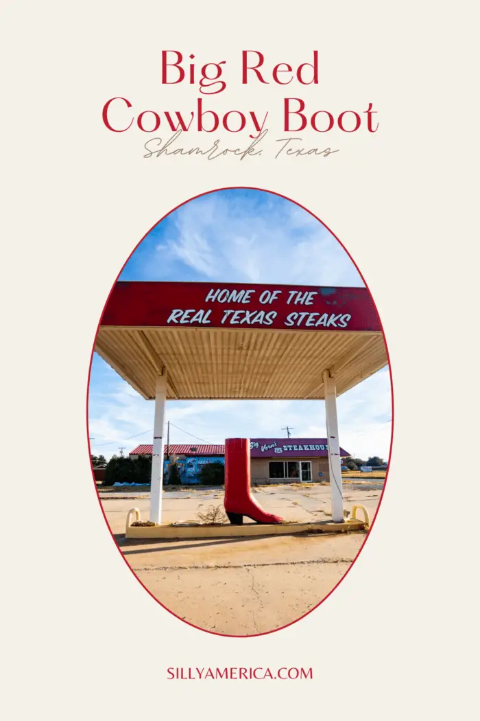 Here's hoping this Texas Route 66 roadside attraction doesn't get the boot anytime soon! Find this Big Red Cowboy Boot at Big Vern’s Steakhouse in Shamrock, Texas. Visit this weird roadside attraction on your Route 66 road trip - add it to your travel itinerary now! #RoadTrips #RoadTripStop #Route66 #Route66RoadTrip #TexasRoute66 #Texas #TexasRoadTrip #TexasRoadsideAttractions #RoadsideAttractions #RoadsideAttraction #RoadsideAmerica #RoadTrip