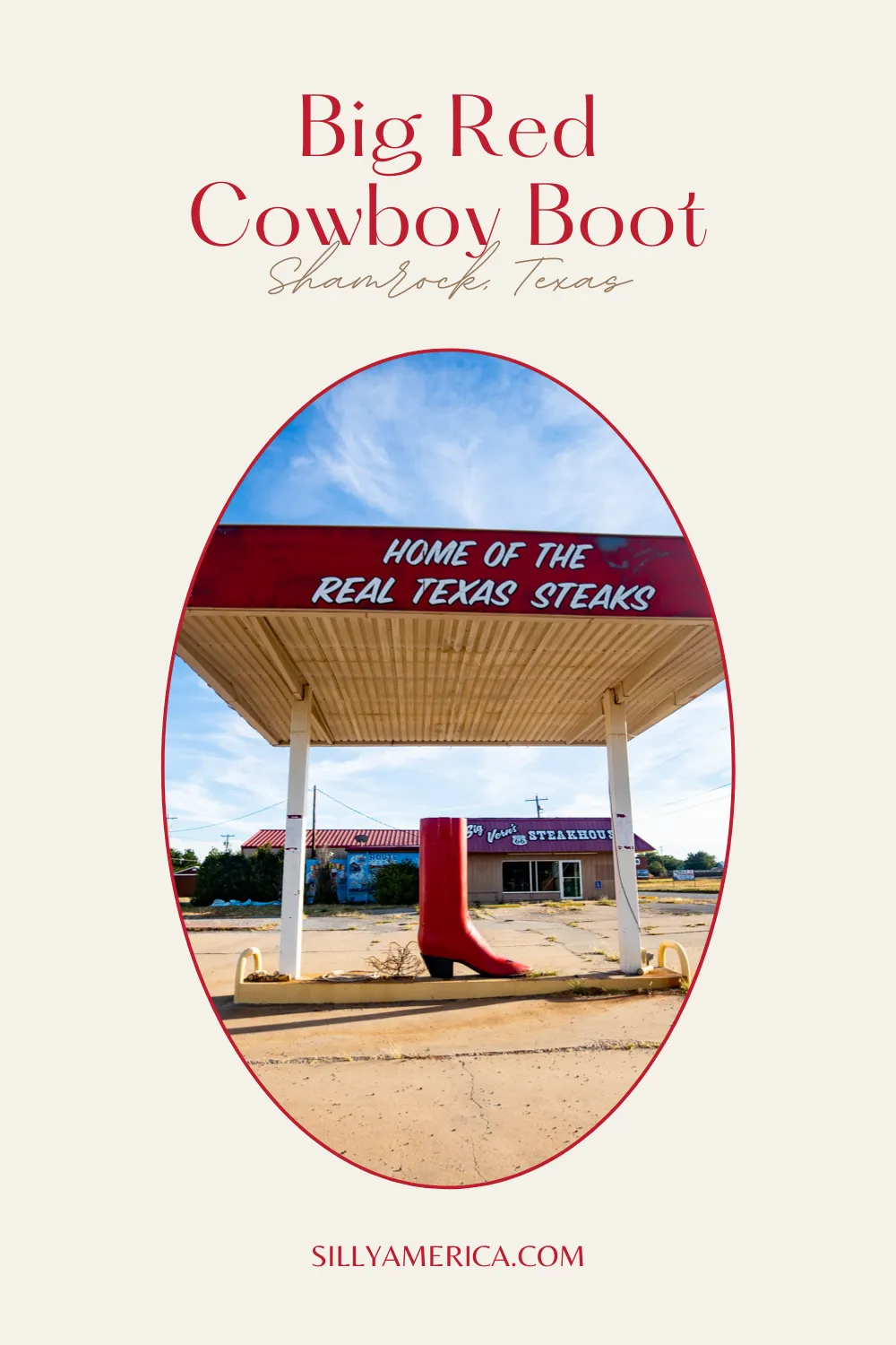Here's hoping this Texas Route 66 roadside attraction doesn't get the boot anytime soon! Find this Big Red Cowboy Boot at Big Vern’s Steakhouse in Shamrock, Texas. Visit this weird roadside attraction on your Route 66 road trip - add it to your travel itinerary now!  #RoadTrips #RoadTripStop #Route66 #Route66RoadTrip #TexasRoute66 #Texas #TexasRoadTrip #TexasRoadsideAttractions #RoadsideAttractions #RoadsideAttraction #RoadsideAmerica #RoadTrip 