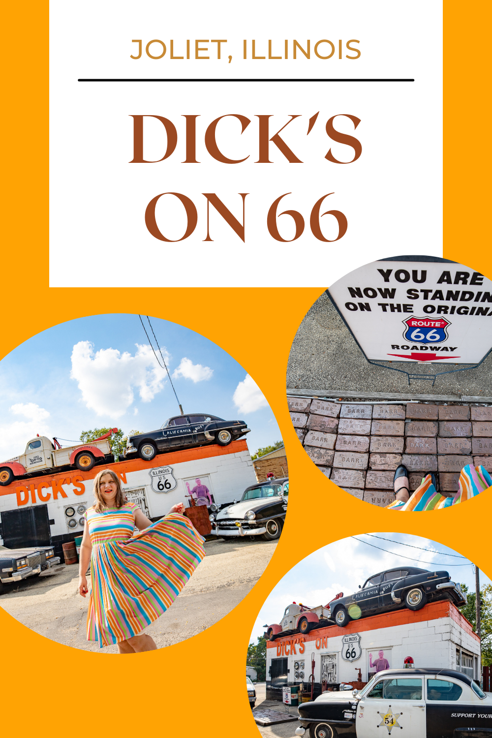 Whether you need a car towed or want to see some vintage cars, this Route 66 roadside attraction is for you. Dick's on 66 in Joliet, Illinois (AKA Dick's Towing) features old cars on their roof and a slice of the Mother Road at a real Joliet business. Visit on a Route 66 road trip through Illinois!  #RoadTrips #RoadTripStop #Route66 #Route66RoadTrip #IllinoisRoute66 #Illinois #IllinoisRoadTrip #IllinoisRoadsideAttractions #RoadsideAttractions #RoadsideAttraction #RoadsideAmerica #RoadTrip