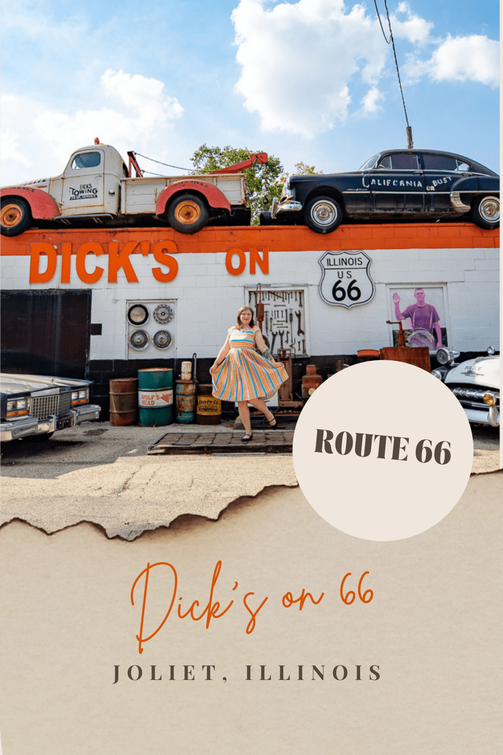 Whether you need a car towed or want to see some vintage cars, this Route 66 roadside attraction is for you. Dick's on 66 in Joliet, Illinois (AKA Dick's Towing) features old cars on their roof and a slice of the Mother Road at a real Joliet business. Visit on a Route 66 road trip through Illinois!  #RoadTrips #RoadTripStop #Route66 #Route66RoadTrip #IllinoisRoute66 #Illinois #IllinoisRoadTrip #IllinoisRoadsideAttractions #RoadsideAttractions #RoadsideAttraction #RoadsideAmerica #RoadTrip