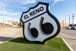 El Reno Mother Road Monument on Oklahoma Route 66 - Giant Route 66 shield photo opportunity