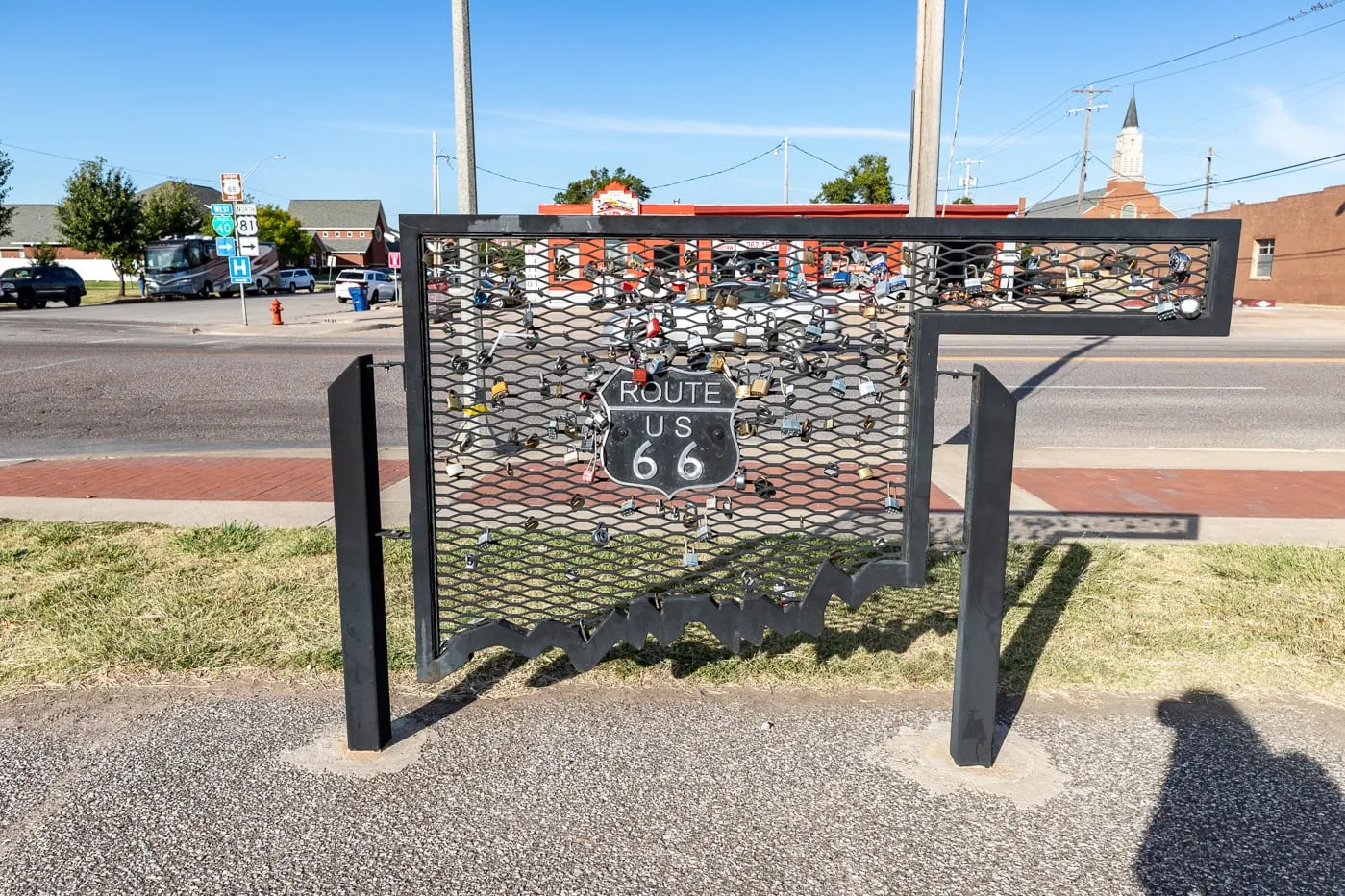 Love Padlock display at El Reno Mother Road Monument on Oklahoma Route 66 - Giant Route 66 shield photo opportunity