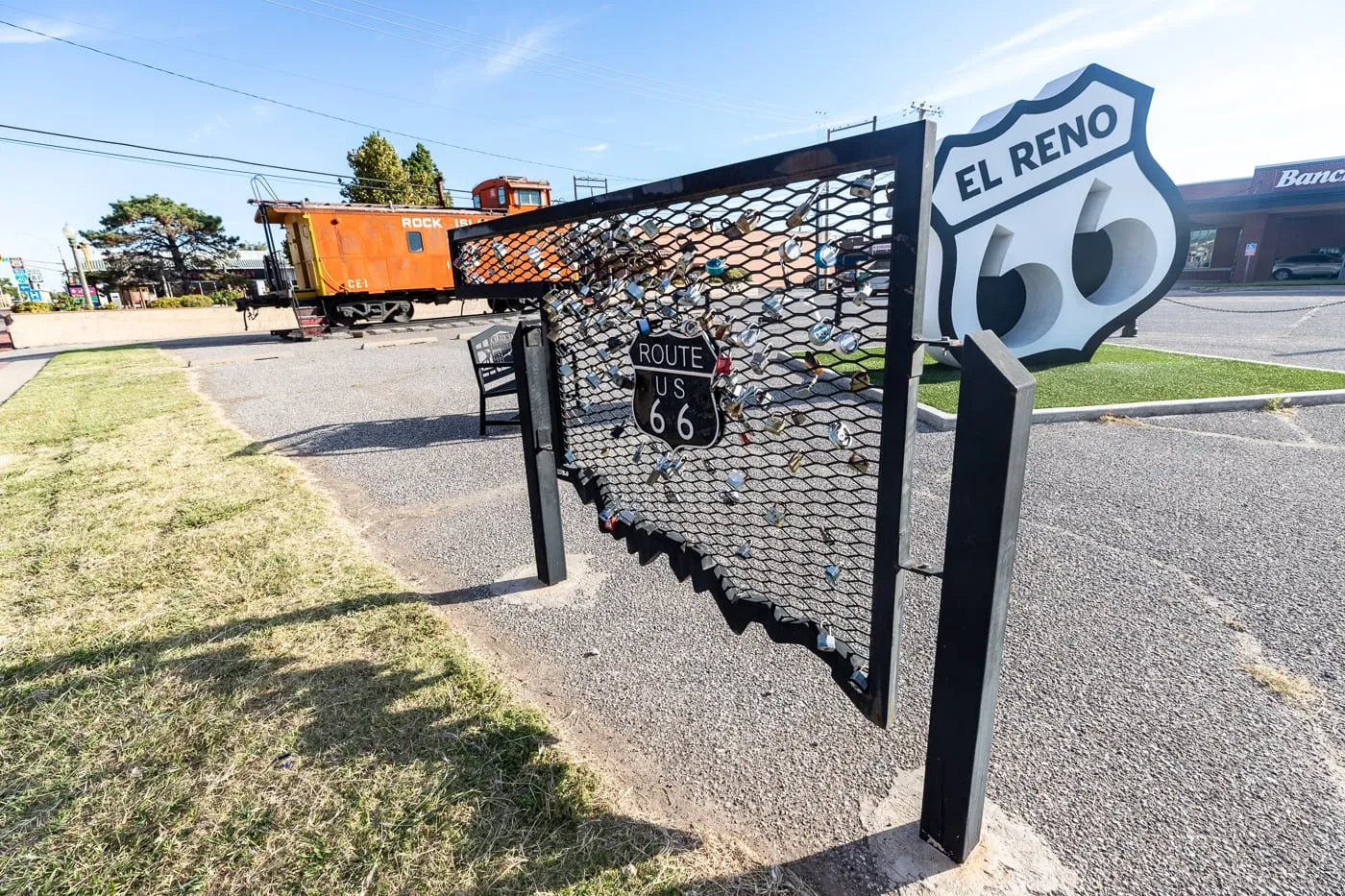 Love Padlock display at El Reno Mother Road Monument on Oklahoma Route 66 - Giant Route 66 shield photo opportunity