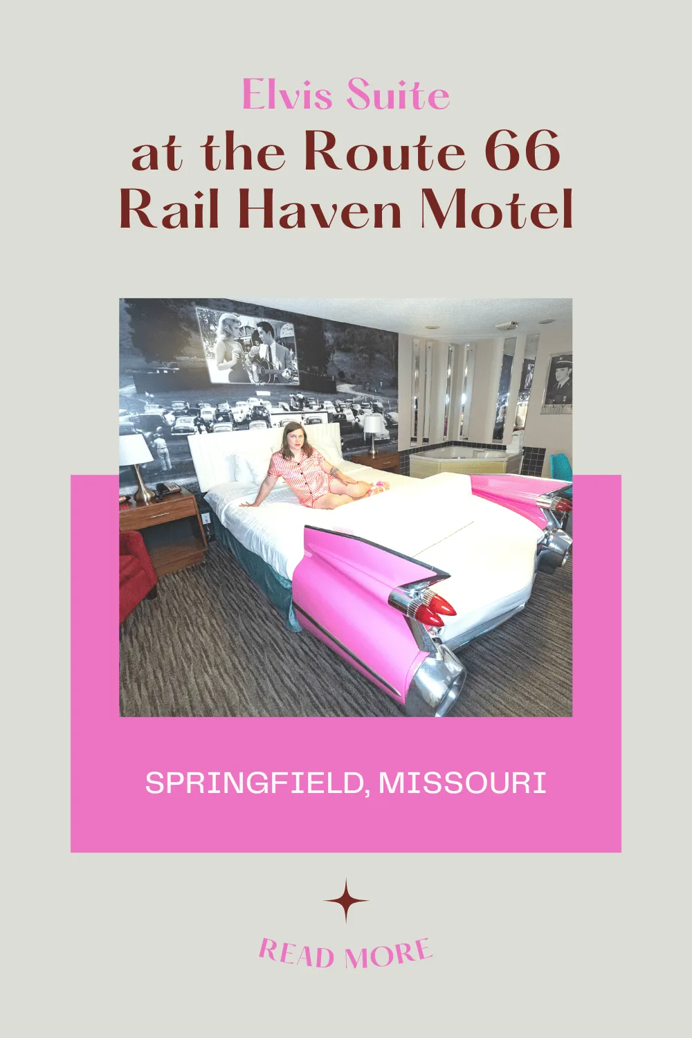 Sleep like a king on your Route 66 road trip! And not just any king. The king of rock 'n' roll. The Elvis Suite at the Route 66 Rail Haven Motel in Springfield, Missouri pays homage to the artist, Elvis Presley, who once actually slept in this room.  #RoadTrips #RoadTripStop #Route66 #Route66RoadTrip #MissouriRoute66 #Missouri #MissouriRoadTrip #MissouriRoadsideAttractions #RoadsideAttractions #RoadsideAttraction #RoadsideAmerica #RoadTrip #Elvis
