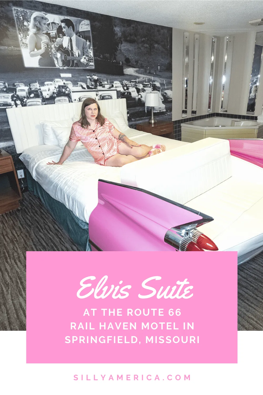 Sleep like a king on your Route 66 road trip! And not just any king. The king of rock 'n' roll. The Elvis Suite at the Route 66 Rail Haven Motel in Springfield, Missouri pays homage to the artist, Elvis Presley, who once actually slept in this room.  #RoadTrips #RoadTripStop #Route66 #Route66RoadTrip #MissouriRoute66 #Missouri #MissouriRoadTrip #MissouriRoadsideAttractions #RoadsideAttractions #RoadsideAttraction #RoadsideAmerica #RoadTrip #Elvis