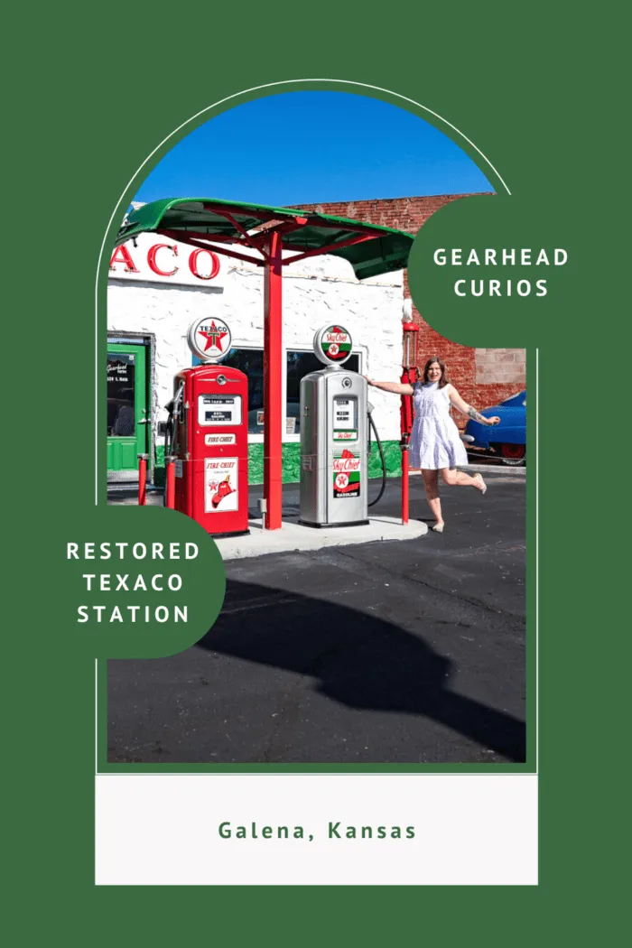 The historic 1939 Texaco gas station in Galena, Kansas had seen better days. That is, until an army veteran got involved. The now restored Texaco station has a refreshed appearance and bright neon and is home to Gearhead Curios and a nod to Cars. #RoadTrips #RoadTripStop #Route66 #Route66RoadTrip #KansasRoute66 #Kansas #KansasRoadTrip #KansasRoadsideAttractions #RoadsideAttractions #RoadsideAttraction #RoadsideAmerica #RoadTrip