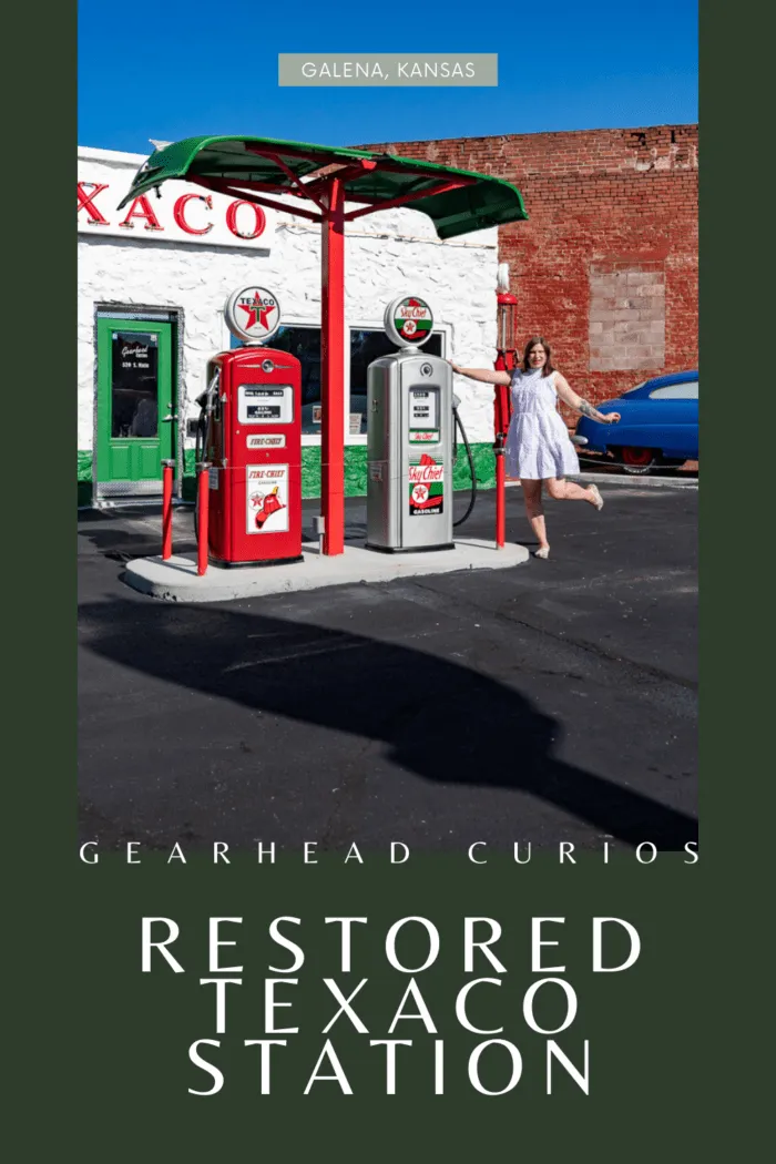 The historic 1939 Texaco gas station in Galena, Kansas had seen better days. That is, until an army veteran got involved. The now restored Texaco station has a refreshed appearance and bright neon and is home to Gearhead Curios and a nod to Cars. #RoadTrips #RoadTripStop #Route66 #Route66RoadTrip #KansasRoute66 #Kansas #KansasRoadTrip #KansasRoadsideAttractions #RoadsideAttractions #RoadsideAttraction #RoadsideAmerica #RoadTrip