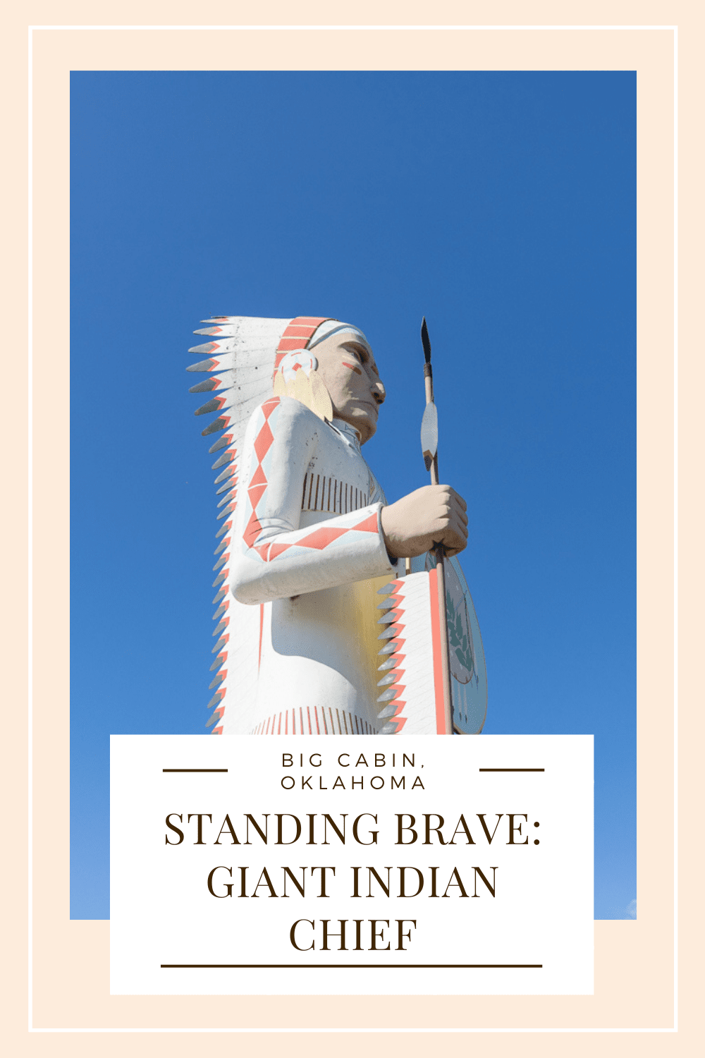 Find this roadside attraction on your Route 66 road trip: the Chief Standing Brave statue is a giant Indian chief statue in Big Cabin, Oklahoma.  #RoadTrips #RoadTripStop #Route66 #Route66RoadTrip #OklahomaRoute66 #Oklahoma #OklahomaRoadTrip #OklahomaRoadsideAttractions #RoadsideAttractions #RoadsideAttraction #RoadsideAmerica #RoadTrip