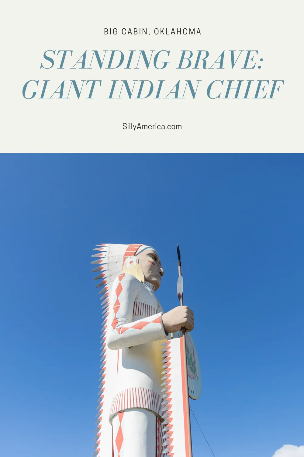 Find this roadside attraction on your Route 66 road trip: the Chief Standing Brave statue is a giant Indian chief statue in Big Cabin, Oklahoma.  #RoadTrips #RoadTripStop #Route66 #Route66RoadTrip #OklahomaRoute66 #Oklahoma #OklahomaRoadTrip #OklahomaRoadsideAttractions #RoadsideAttractions #RoadsideAttraction #RoadsideAmerica #RoadTrip