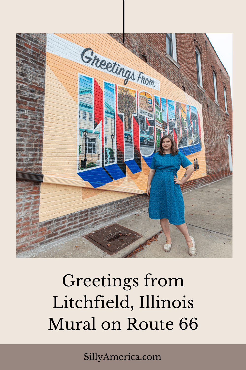 Greetings from Litchfield, Illinois! Visit the Greetings from Litchfield, Illinois postcard-style mural on your Route 66 road trip. Visit this Greetings Tour mural on an Illinois vacation - add the roadside attraction to your travel itinerary!  #RoadTrips #RoadTripStop #Route66 #Route66RoadTrip #IllinoisRoute66 #Illinois #IllinoisRoadTrip #IllinoisRoadsideAttractions #RoadsideAttractions #RoadsideAttraction #RoadsideAmerica #RoadTrip