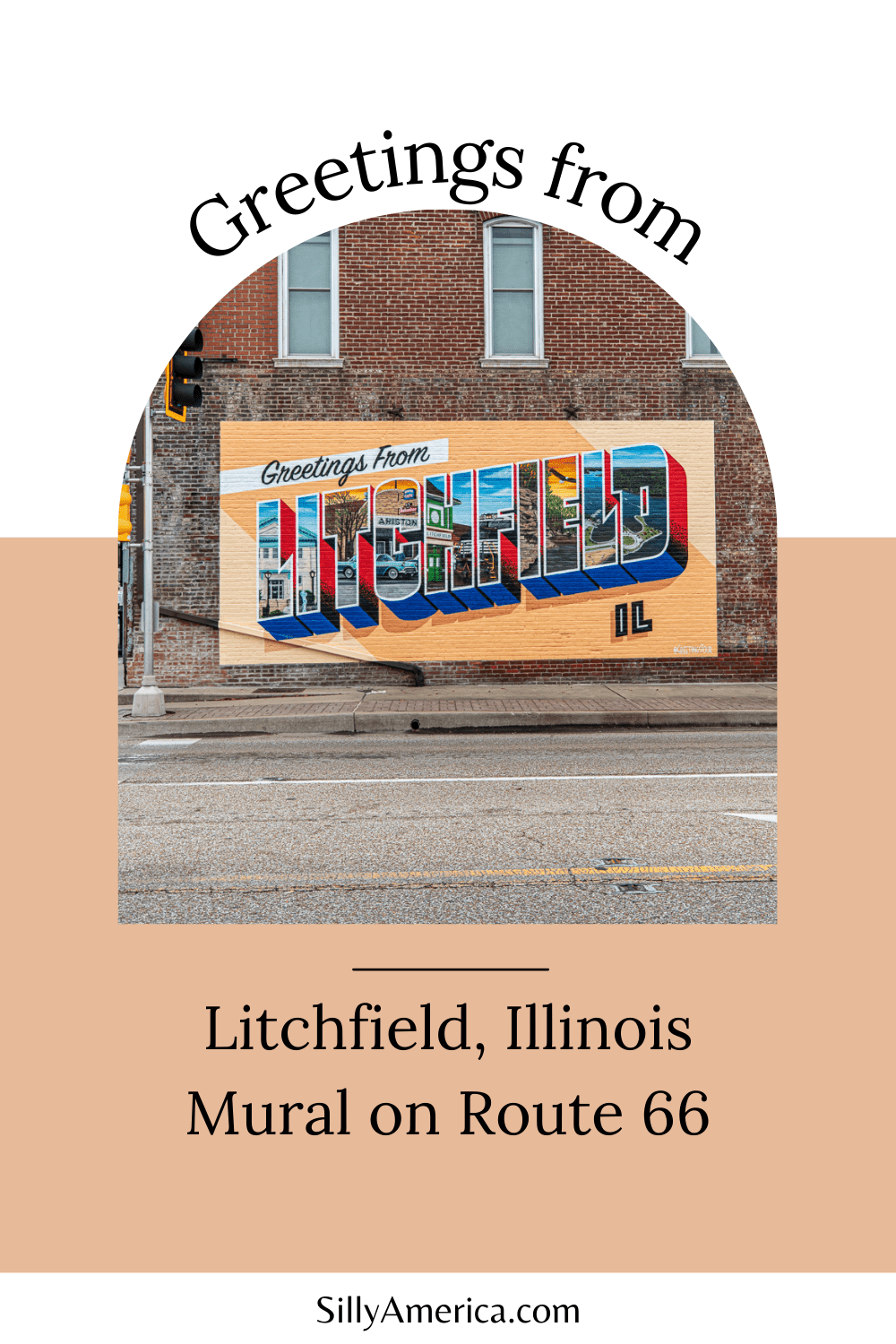 Greetings from Litchfield, Illinois! Visit the Greetings from Litchfield, Illinois postcard-style mural on your Route 66 road trip. Visit this Greetings Tour mural on an Illinois vacation - add the roadside attraction to your travel itinerary!  #RoadTrips #RoadTripStop #Route66 #Route66RoadTrip #IllinoisRoute66 #Illinois #IllinoisRoadTrip #IllinoisRoadsideAttractions #RoadsideAttractions #RoadsideAttraction #RoadsideAmerica #RoadTrip