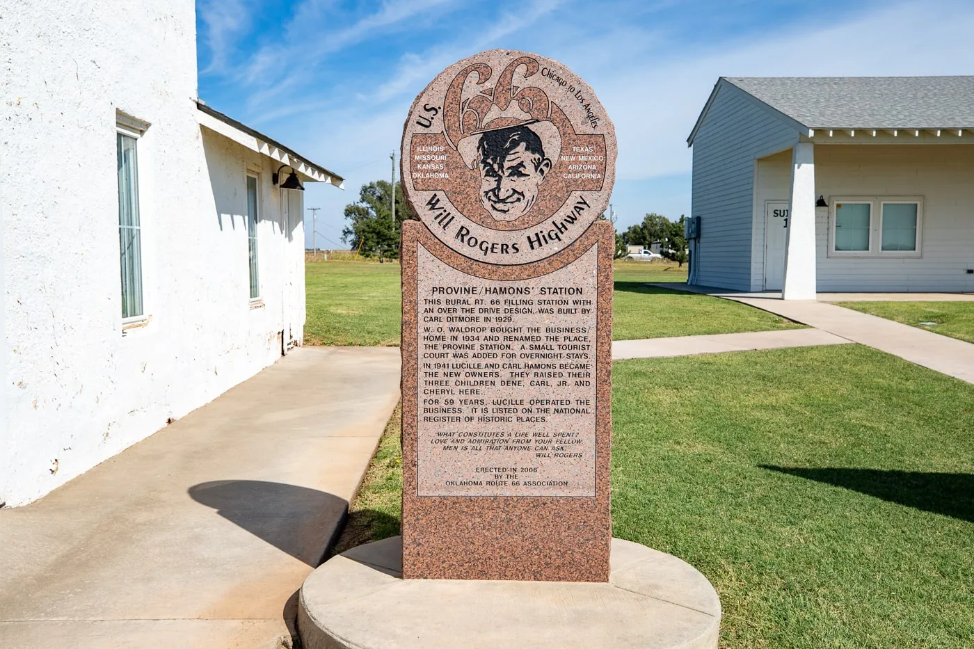 Will Rogers Highway sign at Lucille's Historic Highway Gas Station in Hydro, Oklahoma on Route 66