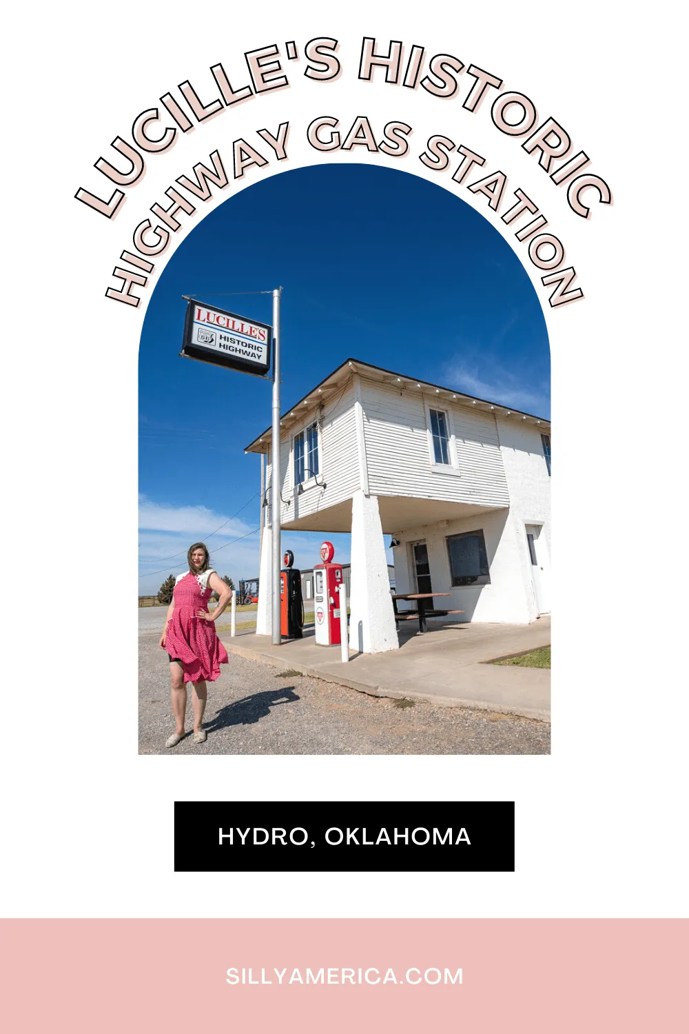 Officially known as the Provine Service Station, this vintage service station in Hydro, Oklahoma on Route 66 is more commonly known as Lucille's Historic Highway Gas Station or, simply, Lucille’s Place.  #RoadTrips #RoadTripStop #Route66 #Route66RoadTrip #OklahomaRoute66 #Oklahoma #OklahomaRoadTrip #OklahomaRoadsideAttractions #RoadsideAttractions #RoadsideAttraction #RoadsideAmerica #RoadTrip