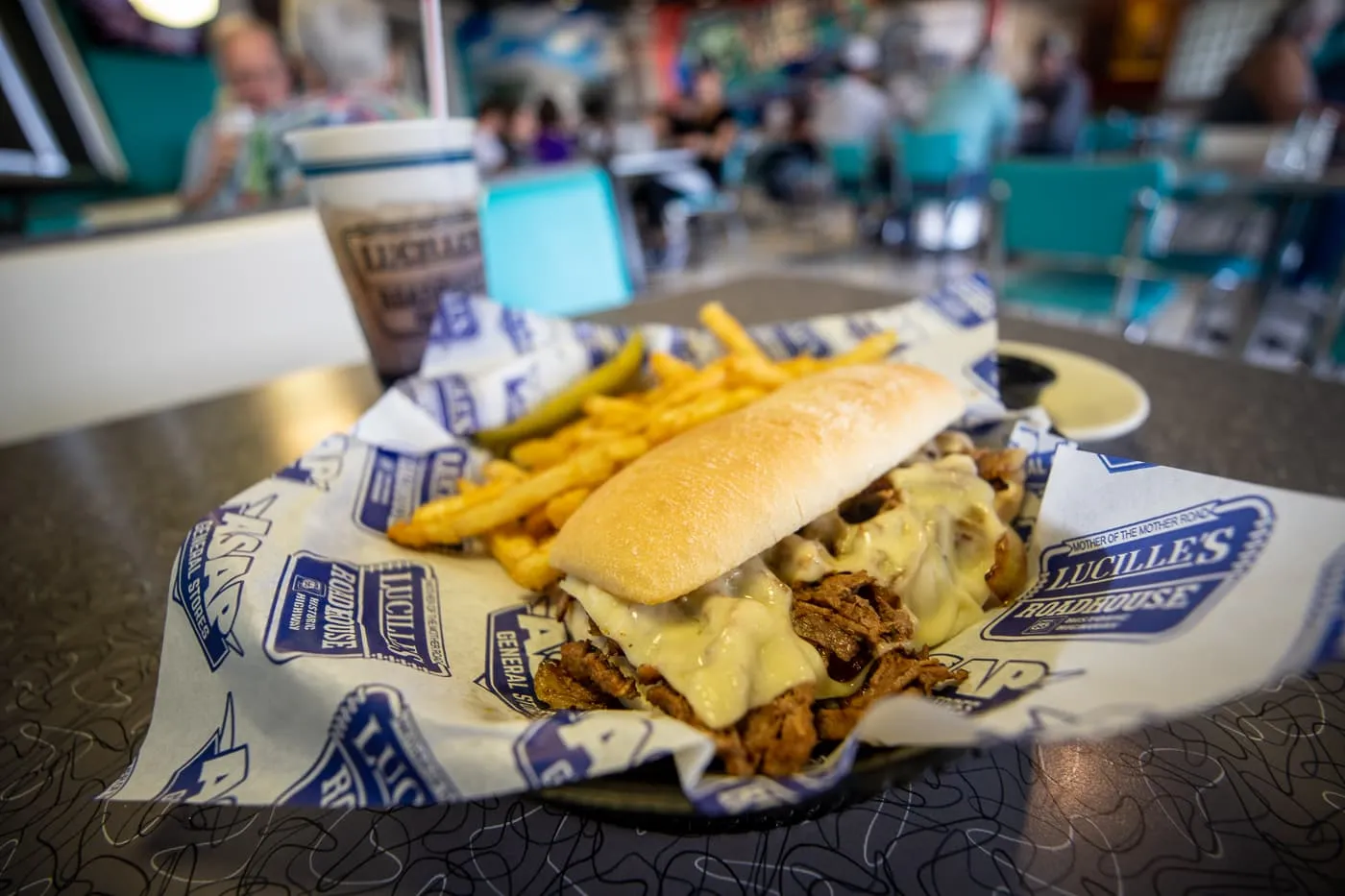 French Dip Sandwich and fries at Lucille’s Roadhouse Diner in Weatherford, Oklahoma Route 66