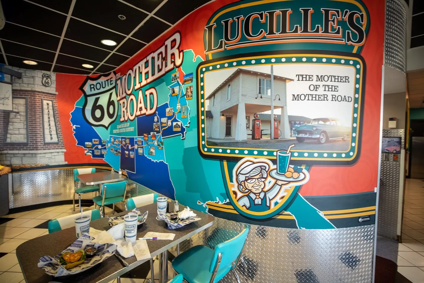 Route 66 Mother Road mural at Lucille’s Roadhouse Diner in Weatherford, Oklahoma Route 66
