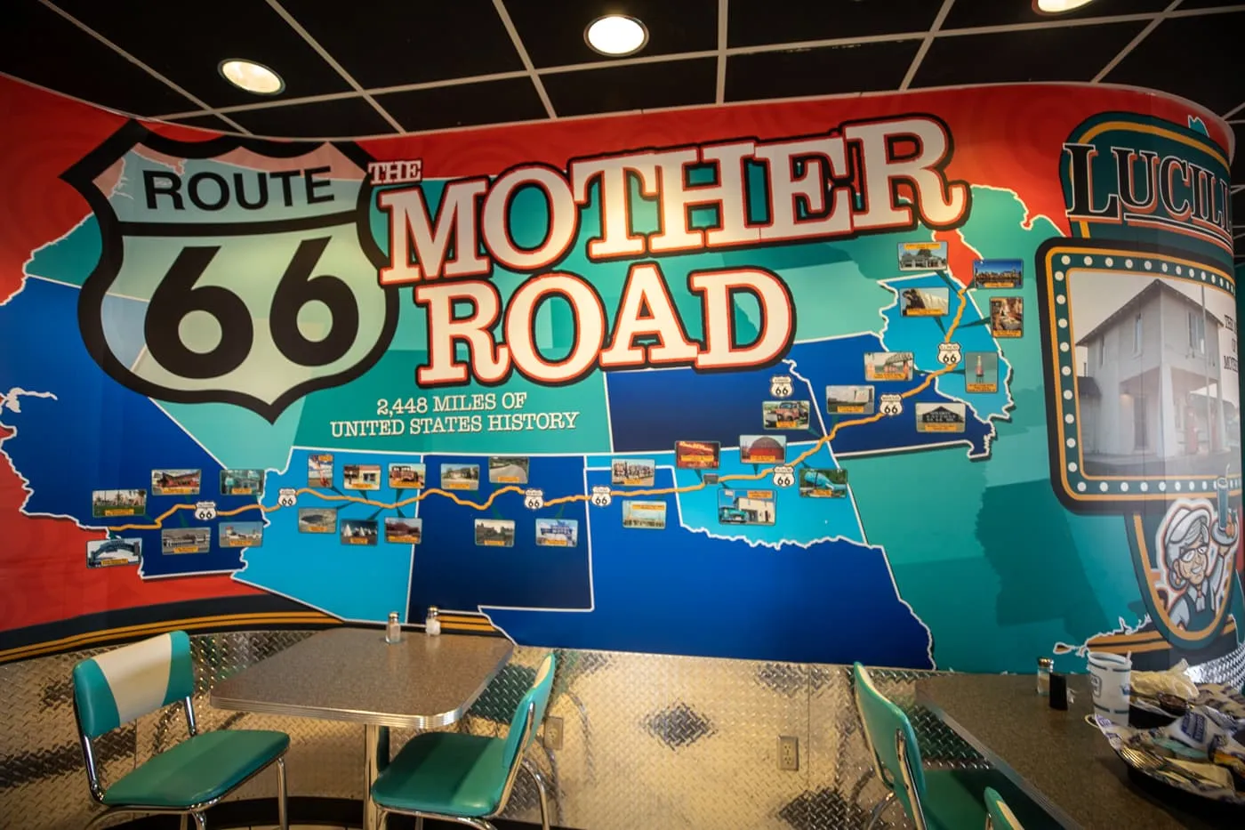 Route 66 Mother Road mural at Lucille’s Roadhouse Diner in Weatherford, Oklahoma Route 66