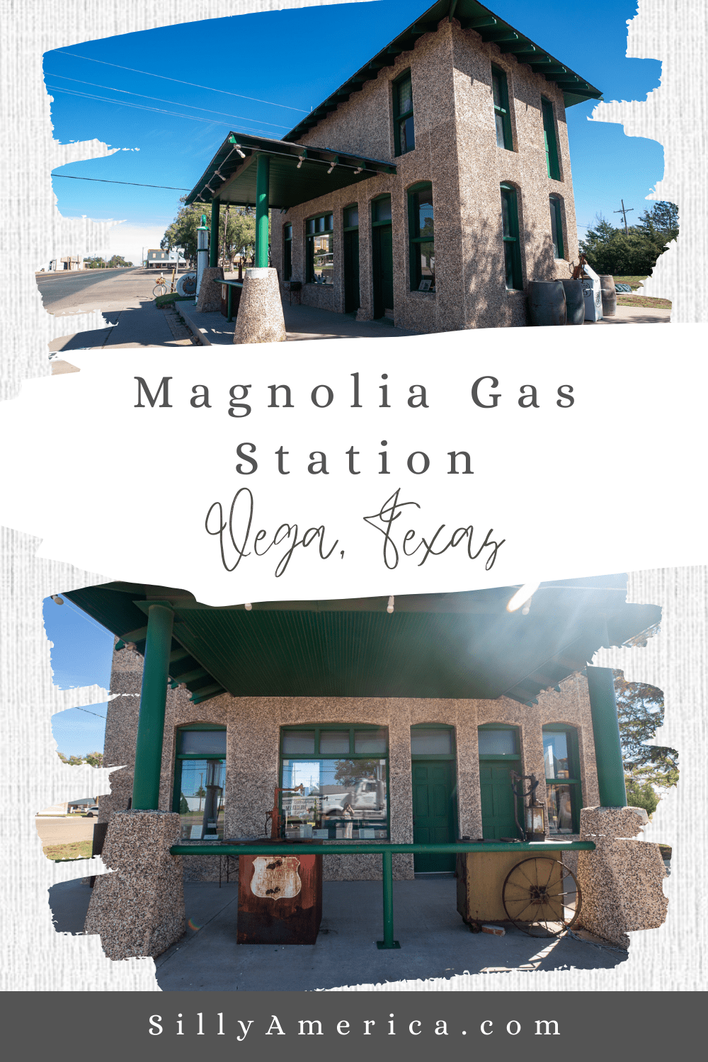 The Magnolia Gas Station in Vega, Texas was built in 1924 by Col J. T. Owen. For decades the stop fueled travelers on Route 66 and the Ozark Trail alongside locals. The two-story building allowed for the business to operate downstairs while the operator could live in an apartment upstairs.  #RoadTrips #RoadTripStop #Route66 #Route66RoadTrip #TexasRoute66 #Texas #TexasRoadTrip #TexasRoadsideAttractions #RoadsideAttractions #RoadsideAttraction #RoadsideAmerica #RoadTrip