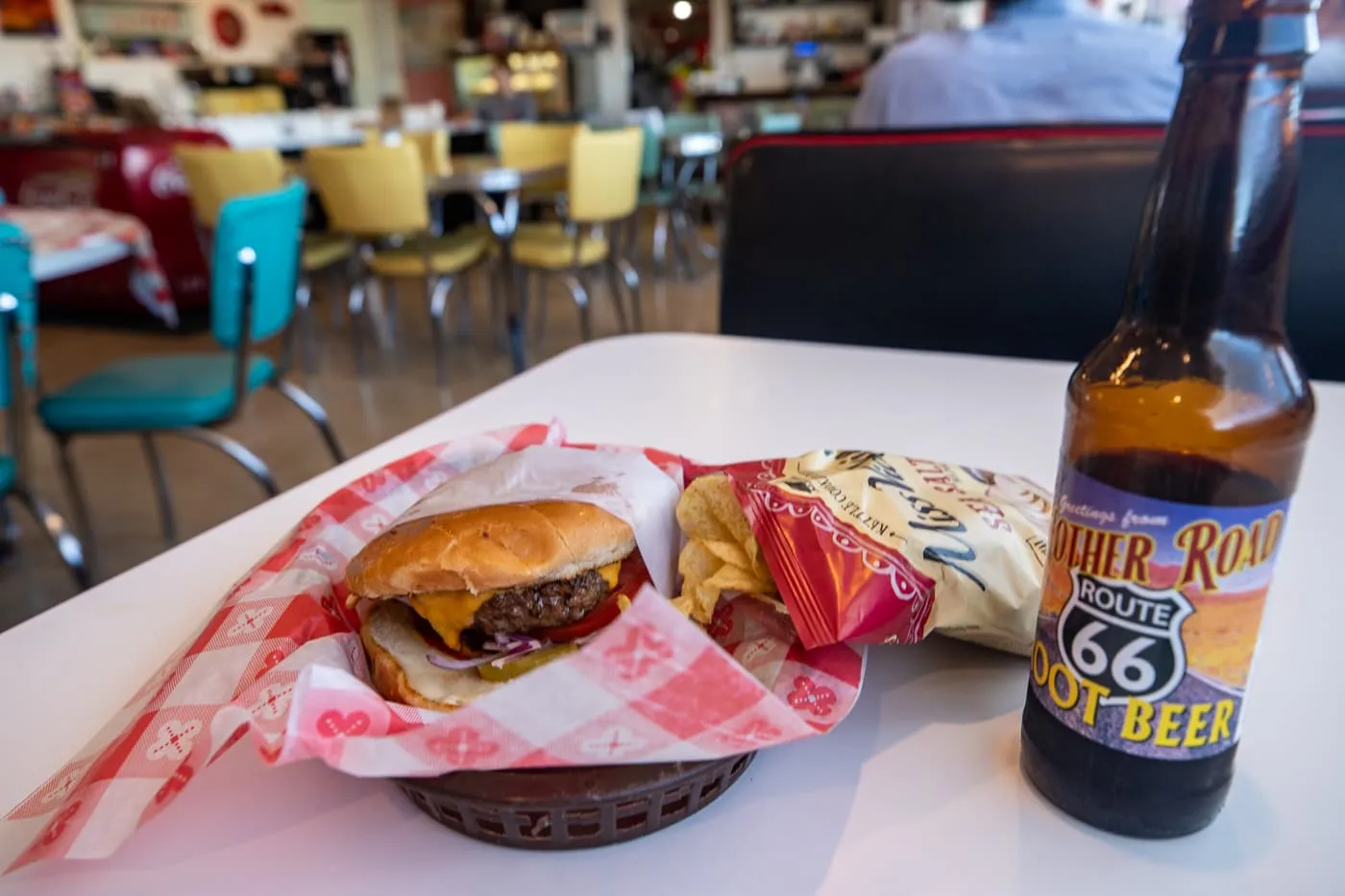 Hamburger at Route 66 Midpoint Cafe in Adrian, Texas