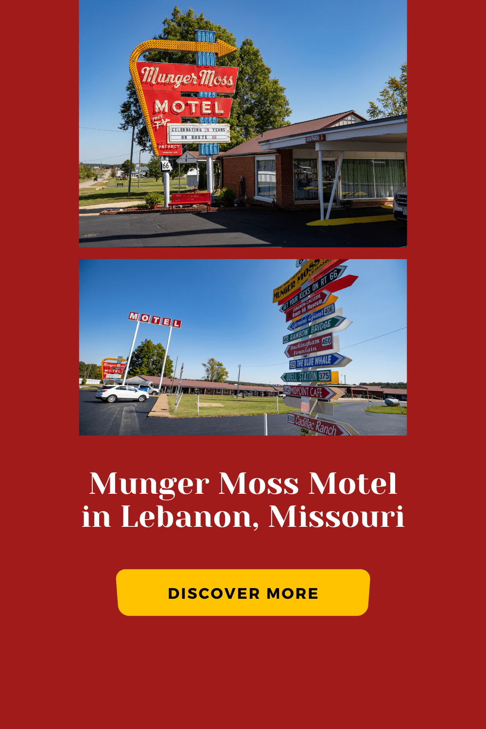 The Munger Moss Motel in Lebanon, Missouri was built in 1946 and you can still stay at this classic Route 66 motel on your Route 66 road trip.  #RoadTrips #RoadTripStop #Route66 #Route66RoadTrip #MissouriRoute66 #Missouri #MissouriRoadTrip #MissouriRoadsideAttractions #RoadsideAttractions #RoadsideAttraction #RoadsideAmerica #RoadTrip