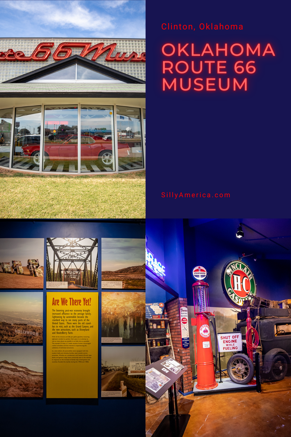 Journey through the history of the Main Street of America in Oklahoma. The Oklahoma Route 66 Museum in Clinton takes you on a tale through time. Just pull over when you see the bright red neon sign and the bright red vintage car in the window. Visit this Oklahoma attraction on a Route 66 road trip.  #RoadTrips #RoadTripStop #Route66 #Route66RoadTrip #OklahomaRoute66 #Oklahoma #OklahomaRoadTrip #OklahomaRoadsideAttractions #RoadsideAttractions #RoadsideAttraction #RoadsideAmerica #RoadTrip