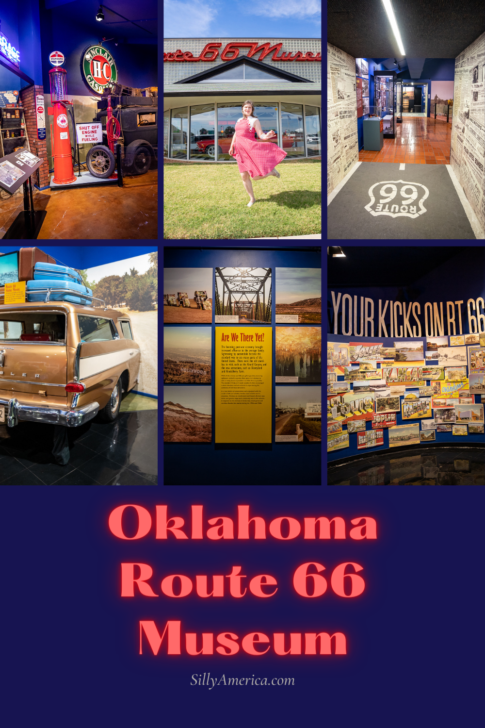 Journey through the history of the Main Street of America in Oklahoma. The Oklahoma Route 66 Museum in Clinton takes you on a tale through time. Just pull over when you see the bright red neon sign and the bright red vintage car in the window. Visit this Oklahoma attraction on a Route 66 road trip.  #RoadTrips #RoadTripStop #Route66 #Route66RoadTrip #OklahomaRoute66 #Oklahoma #OklahomaRoadTrip #OklahomaRoadsideAttractions #RoadsideAttractions #RoadsideAttraction #RoadsideAmerica #RoadTrip