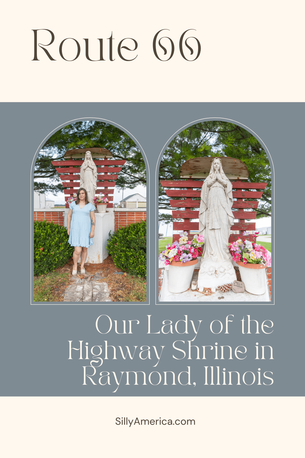 The Our Lady of the Highway shrine in Raymond, Illinois is a Carrara marble statue of the Virgin Mary (Our Lady of Lourdes) that guides and protects weary travelers on Route 66.  #RoadTrips #RoadTripStop #Route66 #Route66RoadTrip #IllinoisRoute66 #Illinois #IllinoisRoadTrip #IllinoisRoadsideAttractions #RoadsideAttractions #RoadsideAttraction #RoadsideAmerica #RoadTrip