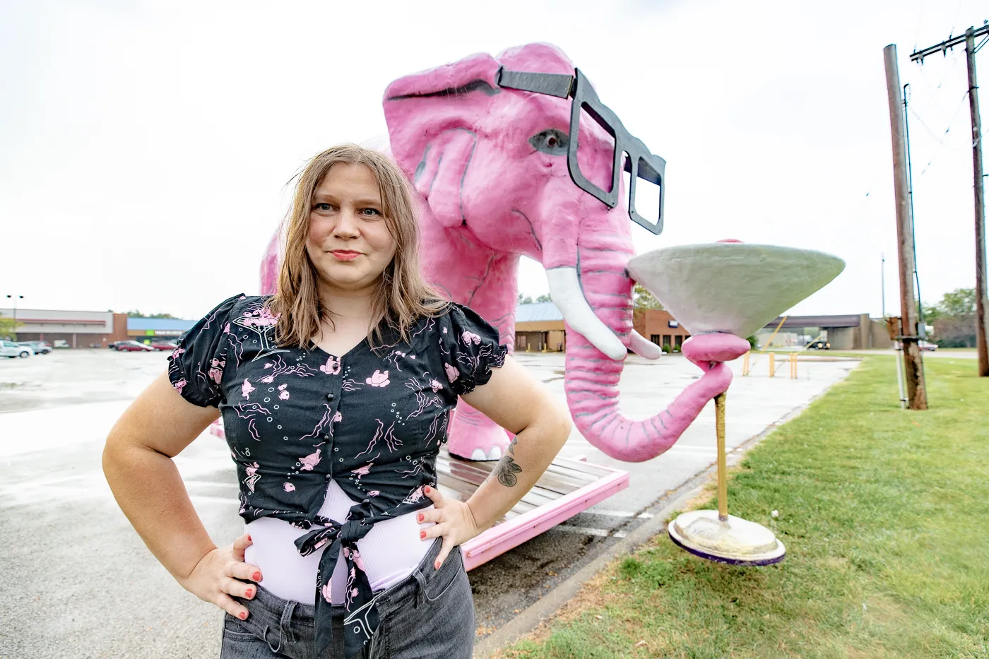 Pinky the Pink Elephant with a Martini Glass in Springfield, Illinois roadside attraction