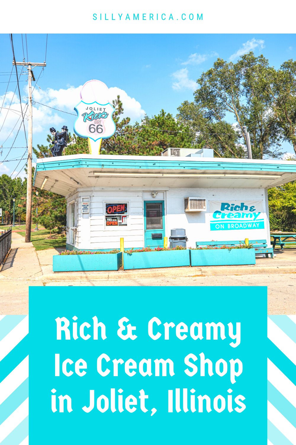 Rich & Creamy in Joliet, Illinois is a small ice cream shop with big ties to Route 66. Stop for a scoop of ice cream, milkshake, or sundae and then explore the Joliet Route 66 park. See Blues Brothers statues on the roof. Add this to your travel itinerary.  #RoadTrips #RoadTripStop #Route66 #Route66RoadTrip #IllinoisRoute66 #Illinois #IllinoisRoadTrip #IllinoisRoadsideAttractions #RoadsideAttractions #RoadsideAttraction #RoadsideAmerica #RoadTrip #IceCream
