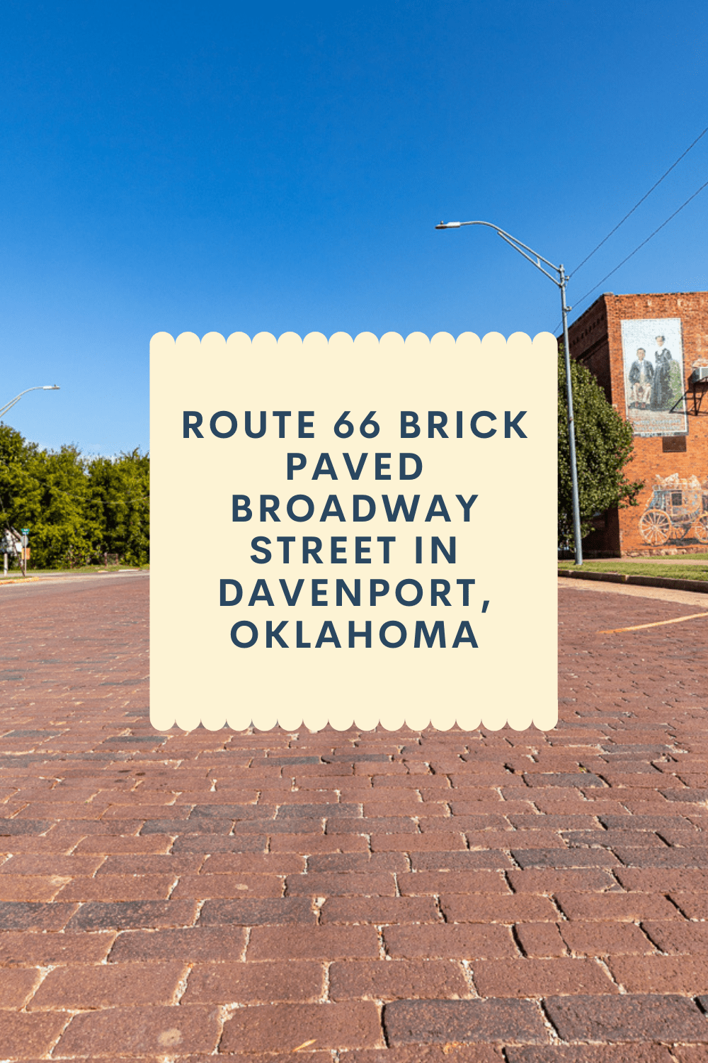 Several blocks of Broadway Street in downtown Davenport, Oklahoma  are still paved with original 1925/1926 bricks from Davenport Brick & Tile Company. This historic red Brick Paved Broadway Street was listed in the National Register of Historic Places in 2004 and featured a giant mural.  #RoadTrips #RoadTripStop #Route66 #Route66RoadTrip #OklahomaRoute66 #Oklahoma #OklahomaRoadTrip #OklahomaRoadsideAttractions #RoadsideAttractions #RoadsideAttraction #RoadsideAmerica #RoadTrip