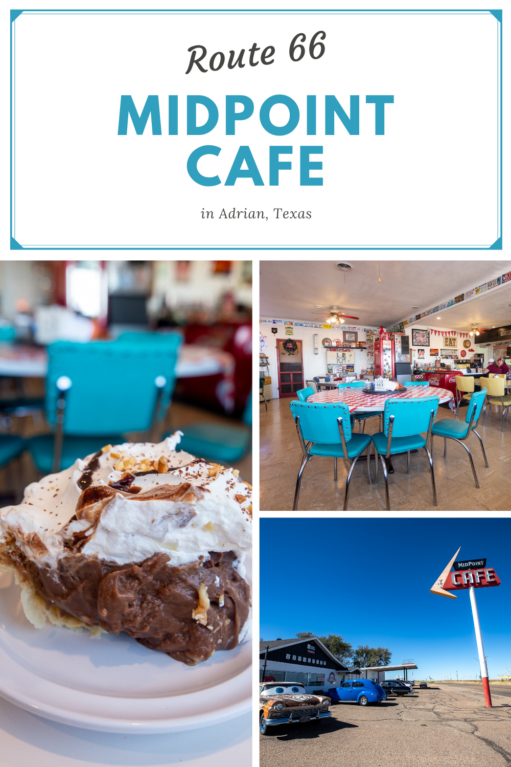 When you're here, you're halfway there! And where is there? Chicago…or Los Angeles…depending on which direction you are driving. The Midpoint Cafe in Adrian, Texas is located at the midpoint of Route 66 and is a must stop on your road trip along the Mother Road.  #RoadTrips #RoadTripStop #Route66 #Route66RoadTrip #TexasRoute66 #Texas #TexasRoadTrip #TexasRoadsideAttractions #RoadsideAttractions #RoadsideAttraction #RoadsideAmerica #RoadTrip 