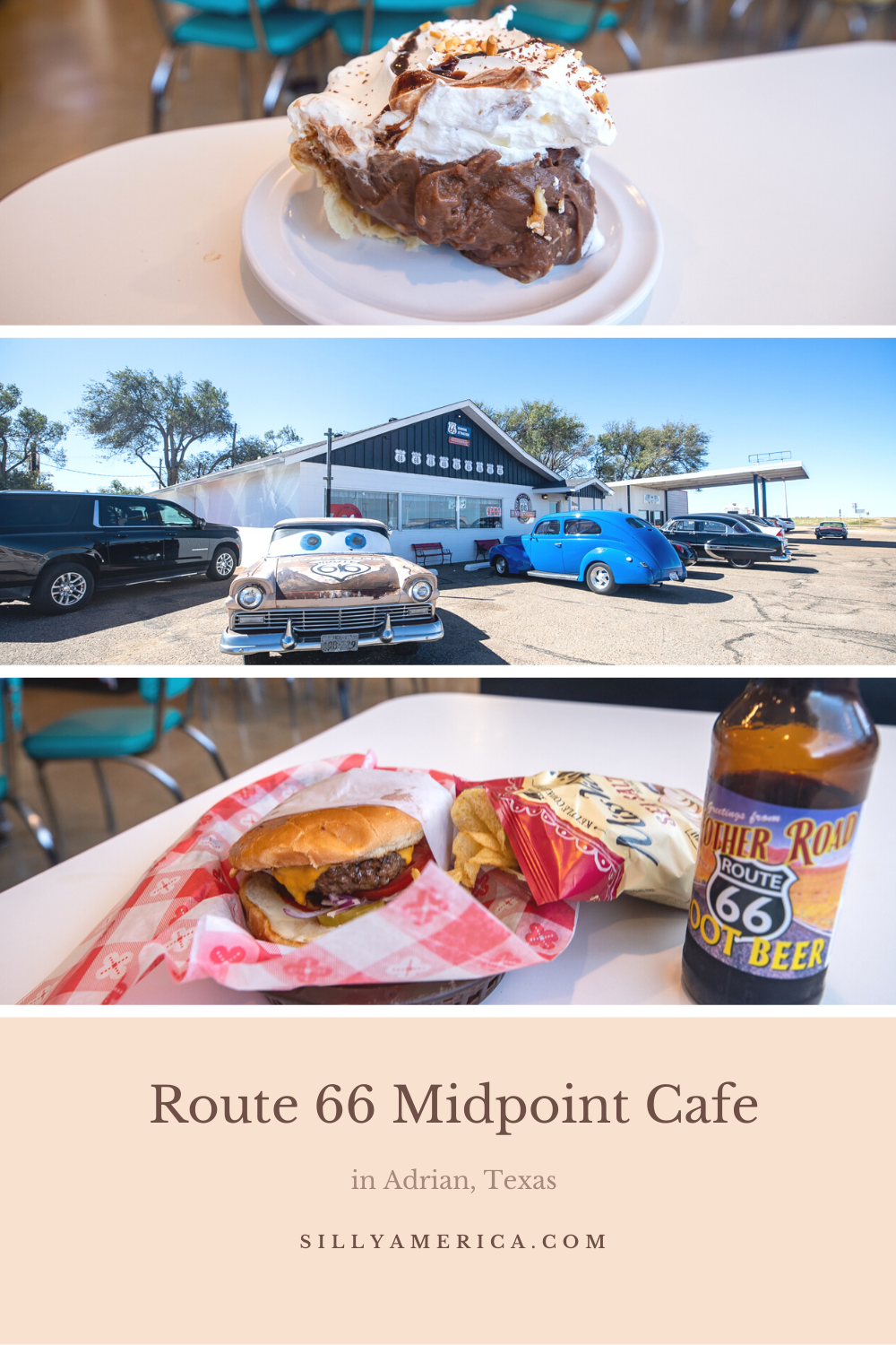 When you're here, you're halfway there! And where is there? Chicago…or Los Angeles…depending on which direction you are driving. The Midpoint Cafe in Adrian, Texas is located at the midpoint of Route 66 and is a must stop on your road trip along the Mother Road.  #RoadTrips #RoadTripStop #Route66 #Route66RoadTrip #TexasRoute66 #Texas #TexasRoadTrip #TexasRoadsideAttractions #RoadsideAttractions #RoadsideAttraction #RoadsideAmerica #RoadTrip 