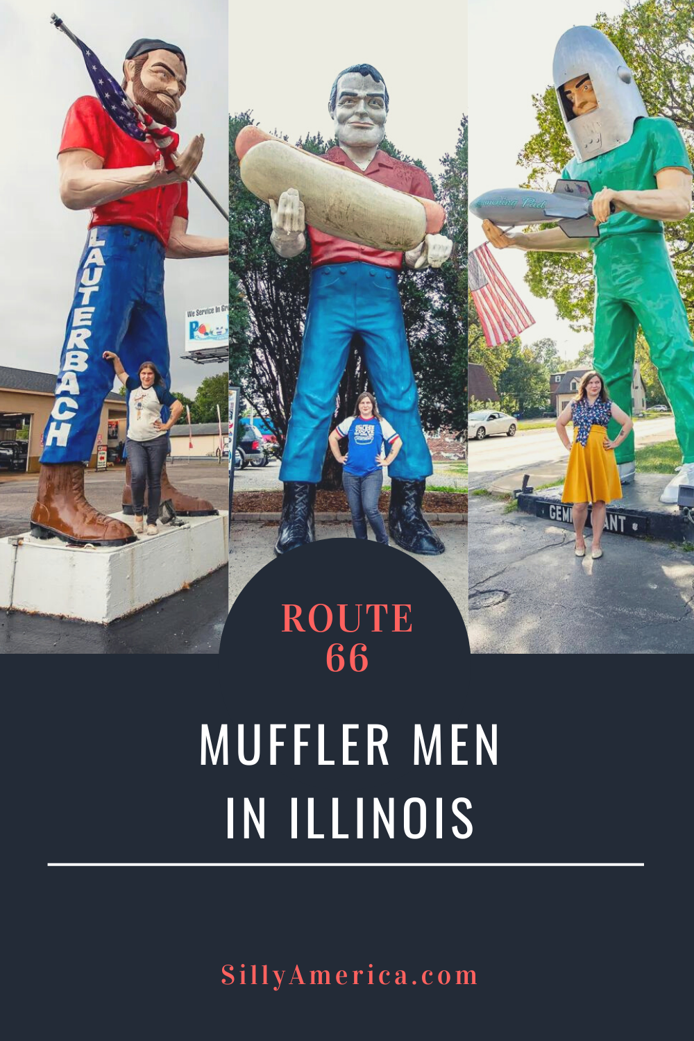 If you're traveling on Route 66 you'll find roadside attractions of every sort. There's one roadside attraction that particularly stands out: the muffler man. Known for their "three gentle giants of Illinois" you can find three famous Route 66 Muffler Men in Illinois and a few more of their friends too.  #RoadTrips #RoadTripStop #Route66 #Route66RoadTrip #IllinoisRoute66 #Illinois #IllinoisRoadTrip #IllinoisRoadsideAttractions #RoadsideAttractions #RoadsideAttraction #RoadsideAmerica #RoadTrip