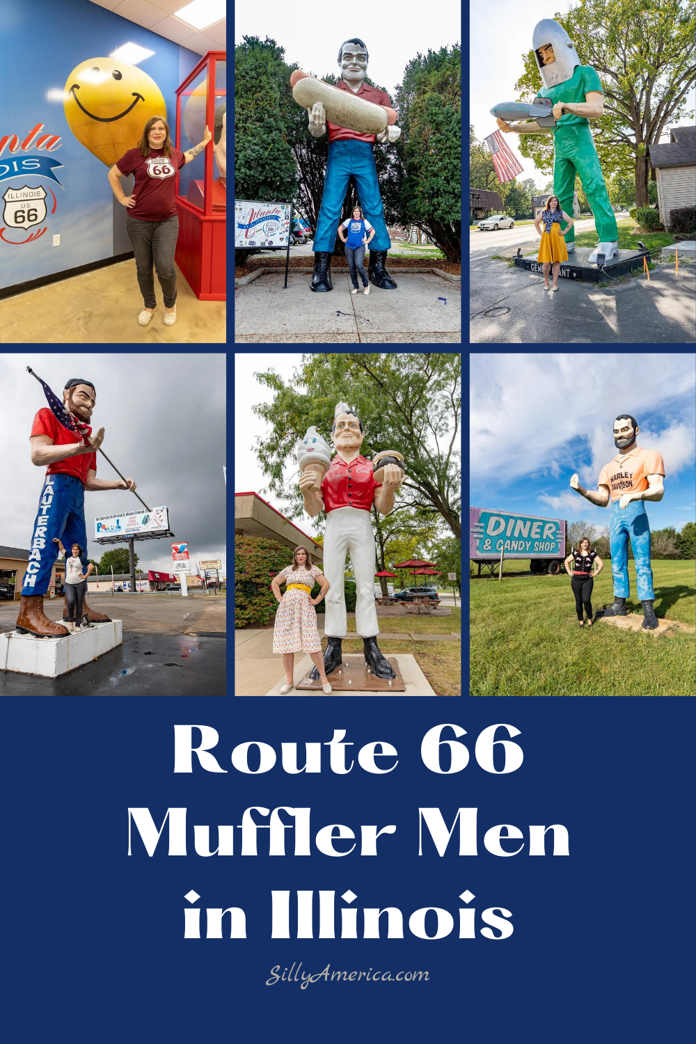 If you're traveling on Route 66 you'll find roadside attractions of every sort. There's one roadside attraction that particularly stands out: the muffler man. Known for their "three gentle giants of Illinois" you can find three famous Route 66 Muffler Men in Illinois and a few more of their friends too.  #RoadTrips #RoadTripStop #Route66 #Route66RoadTrip #IllinoisRoute66 #Illinois #IllinoisRoadTrip #IllinoisRoadsideAttractions #RoadsideAttractions #RoadsideAttraction #RoadsideAmerica #RoadTrip