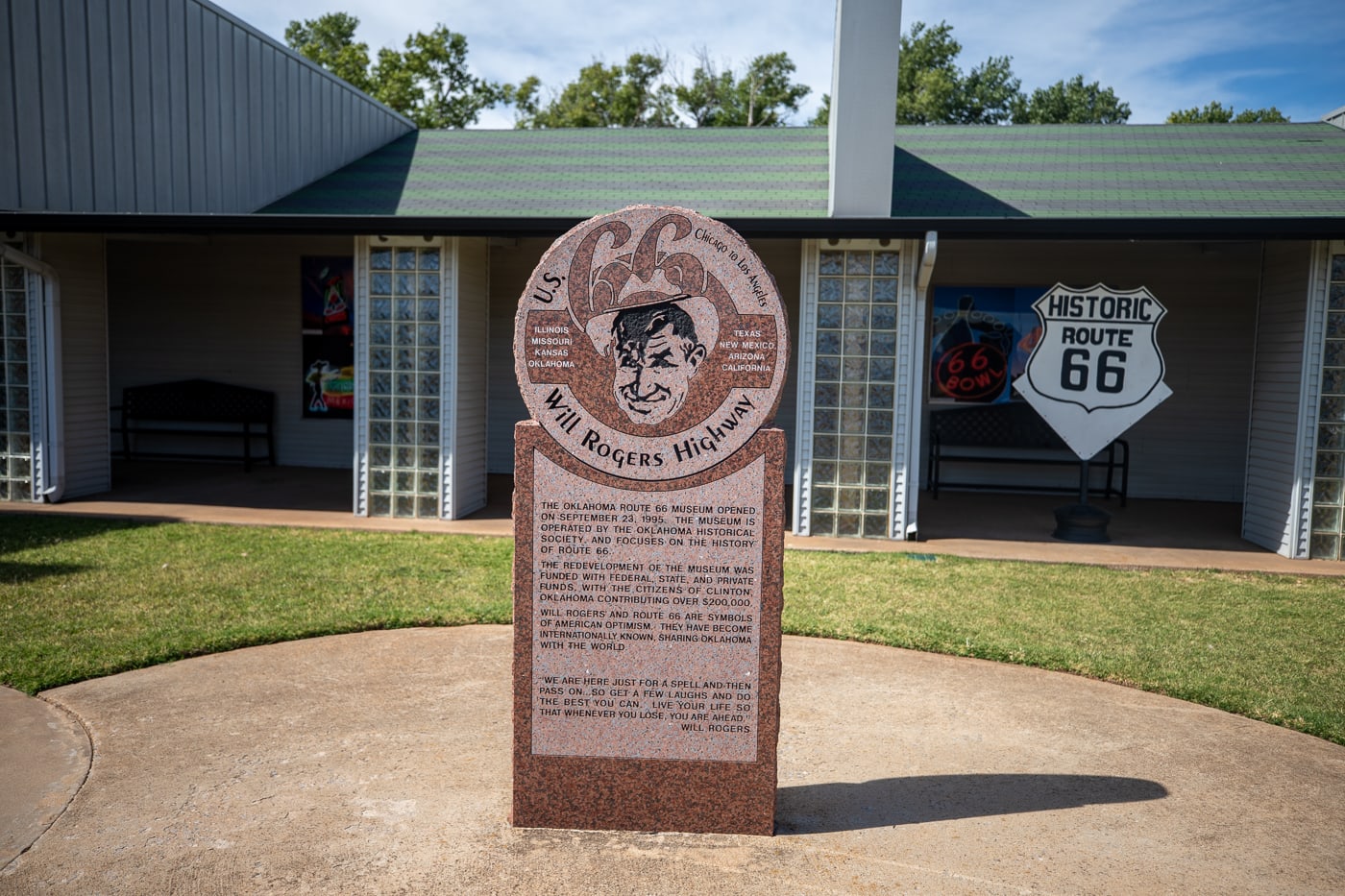 Will Rogers Highway sign at the Oklahoma Route 66 Museum in Clinton, Oklahoma